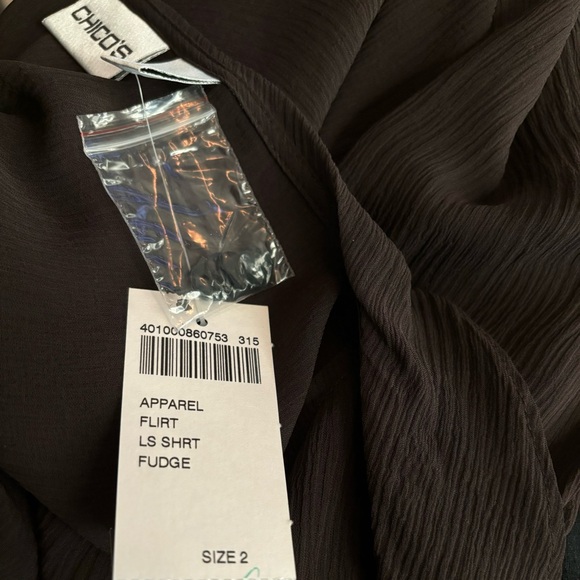 Chico’s silk ruffle top fudge color Flirt long sleeve top Size 2. - Picture 10 of 12